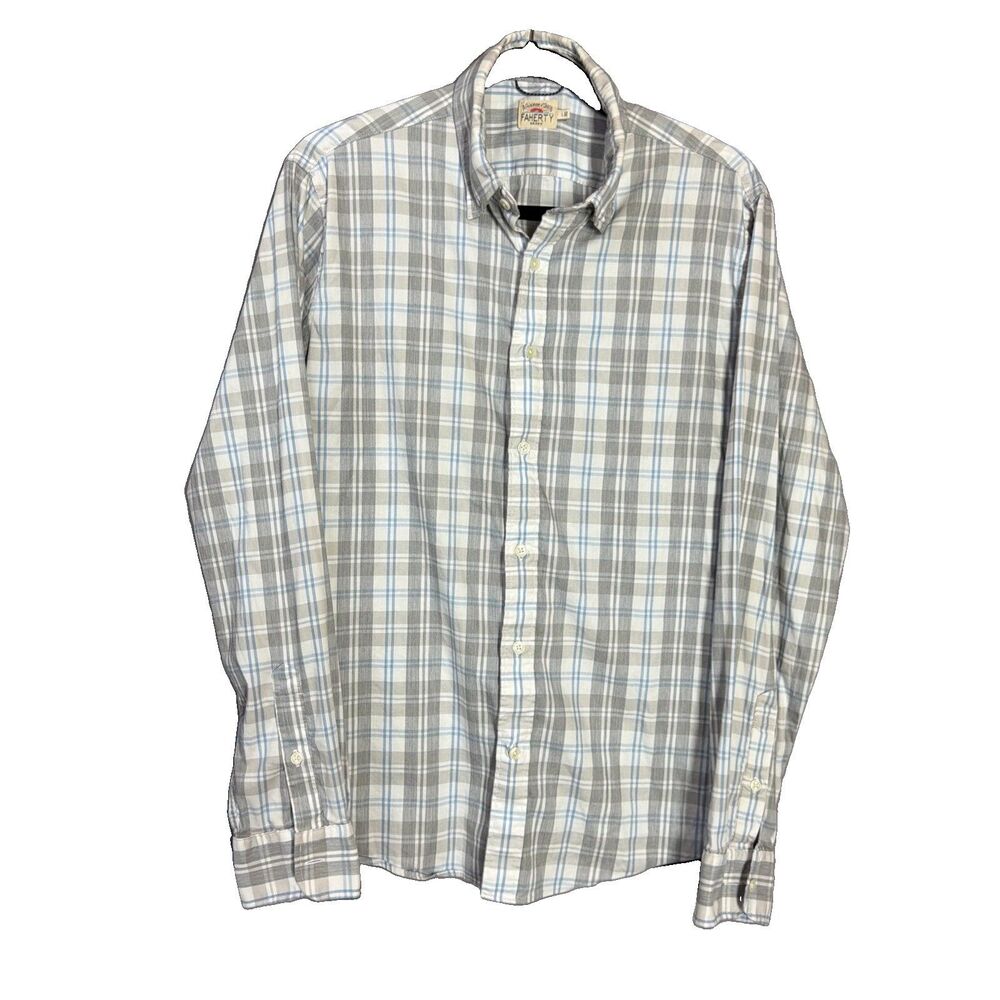 Faherty Men's Large Blue Grey Plaid Flannel Long Sleeve The Movement Shirt
